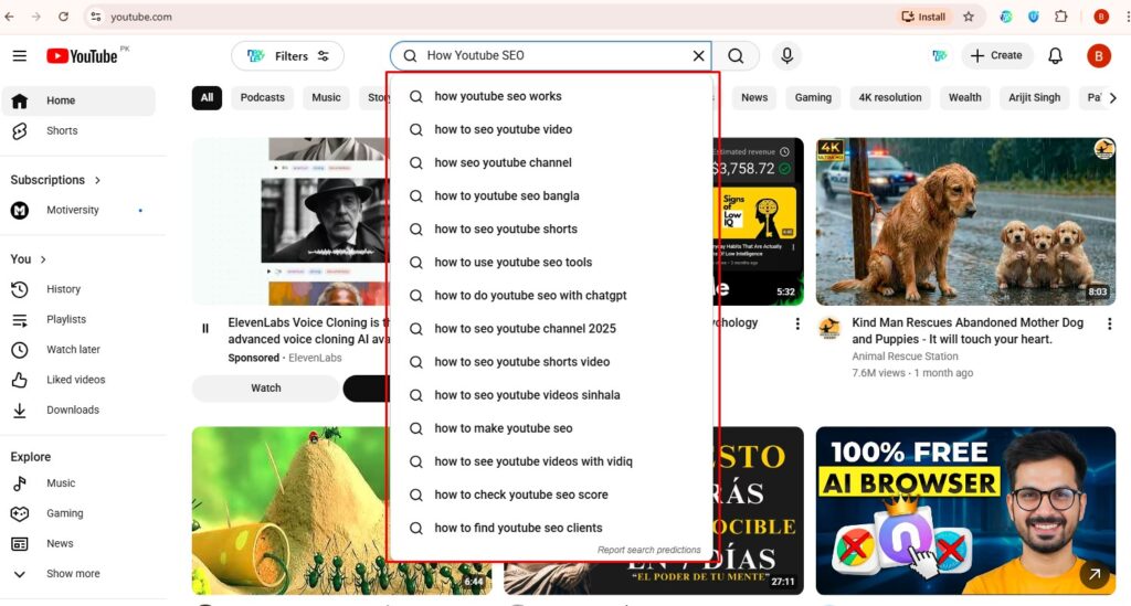 YouTube search suggestions